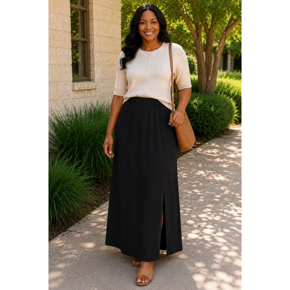 Eileen Fisher Black Midi Skirt Sz L Side Slit Pull On Minimalist Stretch Classic